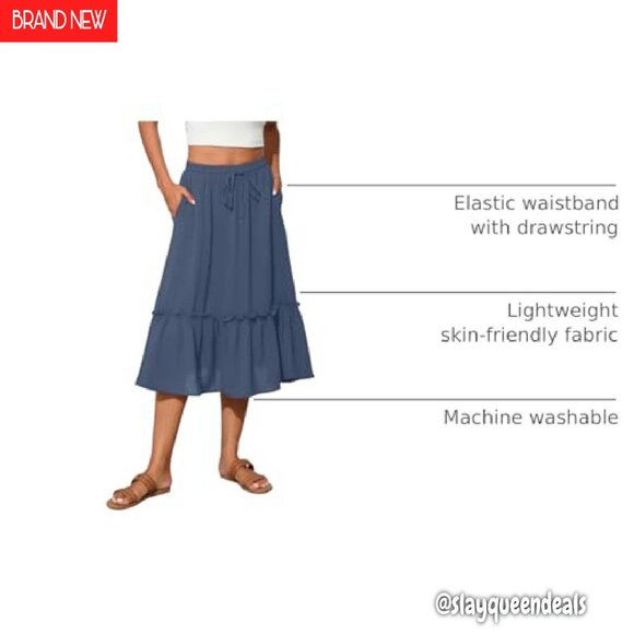 High Waist Tiered Midi Skirt with Pockets, Elastic Drawstring, Flowy Below Knee - Picture 5 of 8